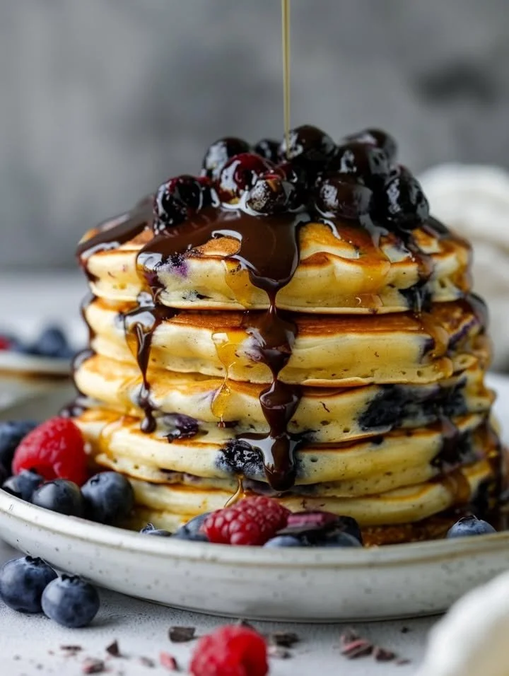 Delicious blueberry pancakes with chocolate ganache and berry sauce served on a plate