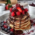Fluffy blueberry pancakes with chocolate ganache and berry sauce on a plate