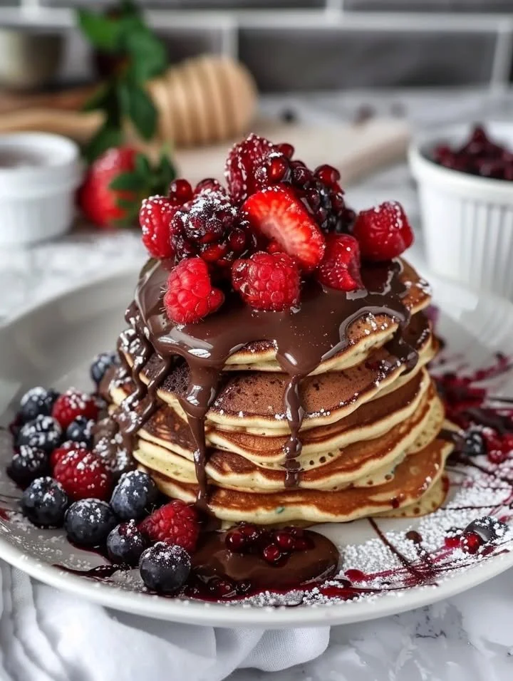 Fluffy blueberry pancakes with chocolate ganache and berry sauce on a plate