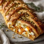 Braided sweet potato puff pastry topped with pistachio crunch