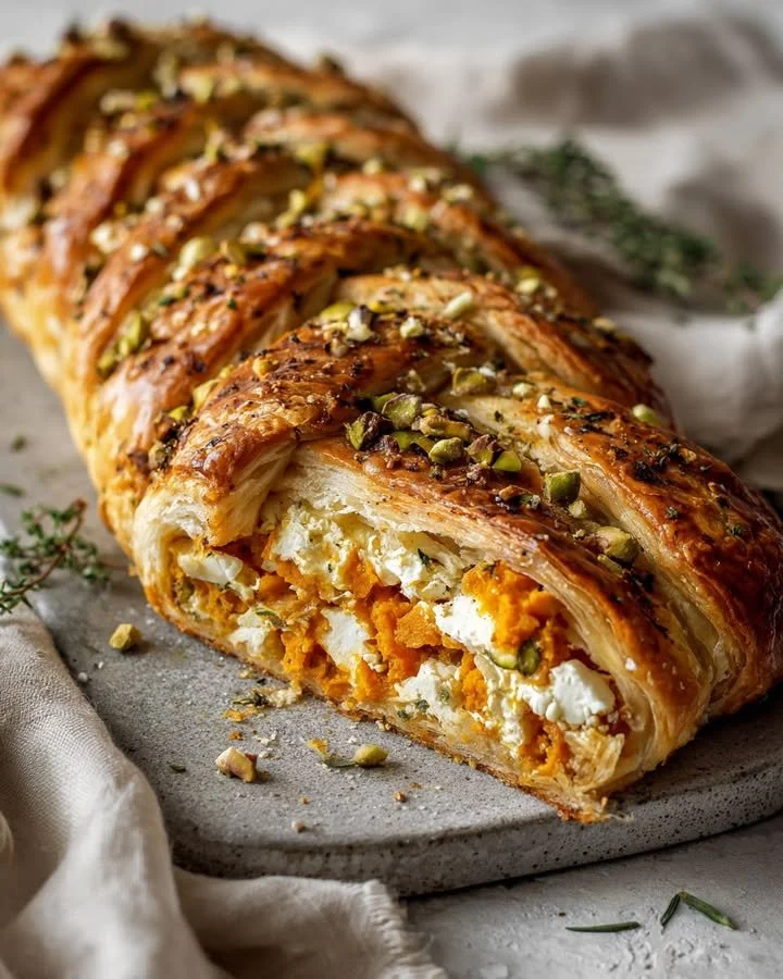 Braided sweet potato puff pastry topped with pistachio crunch