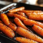 Delicious brown sugar roasted carrots garnished with herbs.