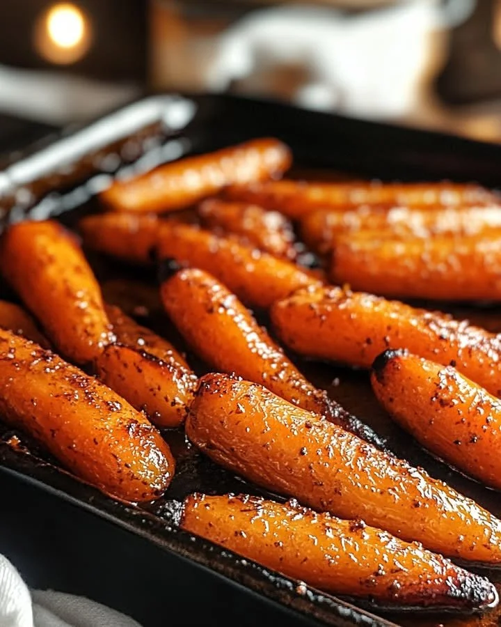 Delicious brown sugar roasted carrots garnished with herbs.