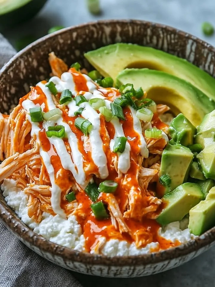 Buffalo Chicken Cottage Cheese Bowl topped with fresh ingredients