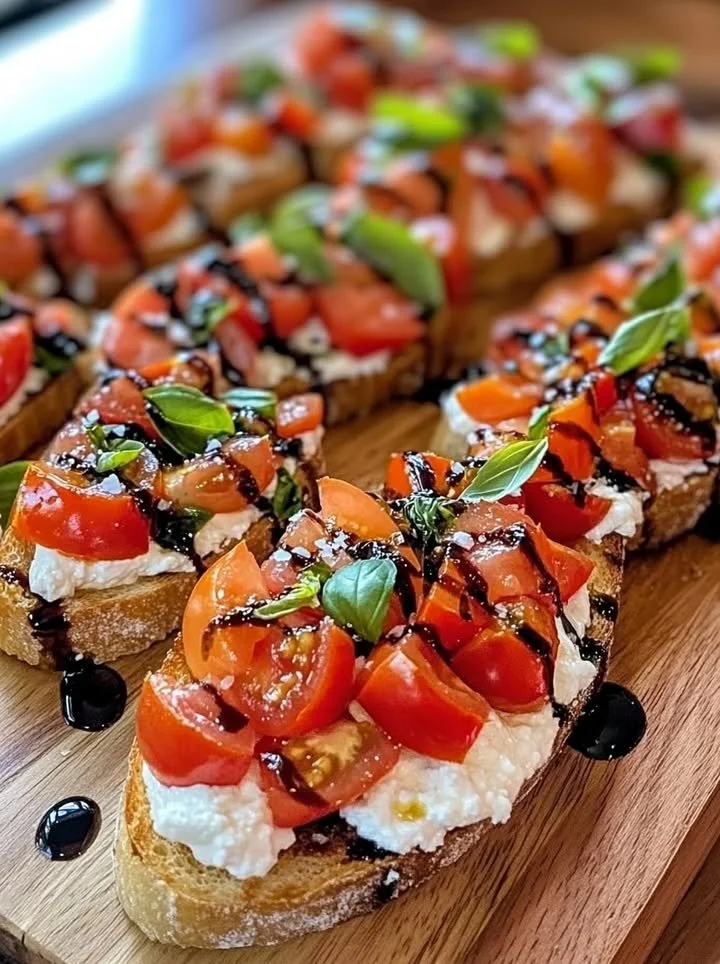 Delicious burrata bruschettas topped with fresh tomatoes and basil.