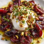 Burrata cheese topped with roasted plums, chopped pistachios, and fresh thyme