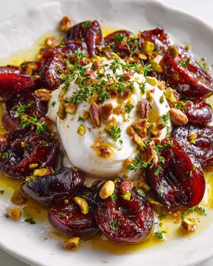 Burrata cheese topped with roasted plums, chopped pistachios, and fresh thyme