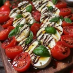 Fresh Caprese Salad with mozzarella, tomatoes, and basil on a white plate