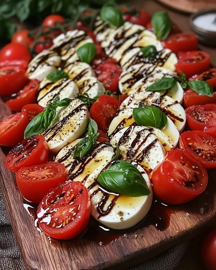 Fresh Caprese Salad with mozzarella, tomatoes, and basil on a white plate