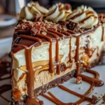 Delicious Caramel Chocolate Coffee Cheesecake topped with creamy caramel and chocolate drizzle.