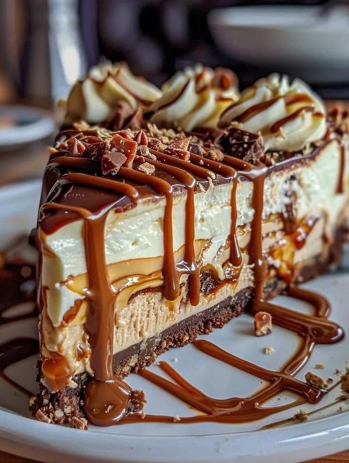 Delicious Caramel Chocolate Coffee Cheesecake topped with creamy caramel and chocolate drizzle.
