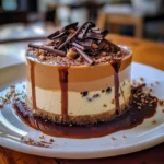 Delicious caramel chocolate coffee cheesecake mousse topped with creamy chocolate