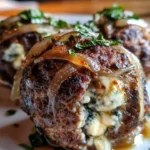 Caramelized onion and blue cheese stuffed meatballs on a rustic plate
