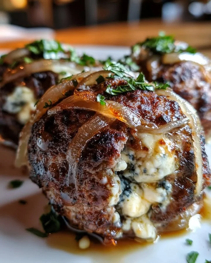 Caramelized onion and blue cheese stuffed meatballs on a rustic plate