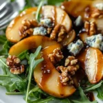 Delicious caramelized pear and blue cheese salad with mixed greens