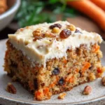 Slice of Carrot Raisin Oatmeal Yogurt Cake garnished with carrots and raisins