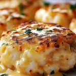 Cheddar Bay crab cakes topped with lemon butter drizzle on a plate
