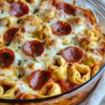 Cheese Tortellini Pepperoni Pizza Casserole topped with melted cheese and pepperoni.