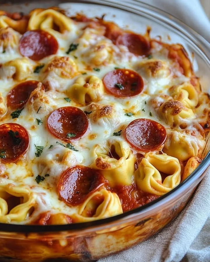 Cheese Tortellini Pepperoni Pizza Casserole topped with melted cheese and pepperoni.