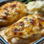 Cheesy Baked Ranch Chicken garnished with herbs on a baking dish.