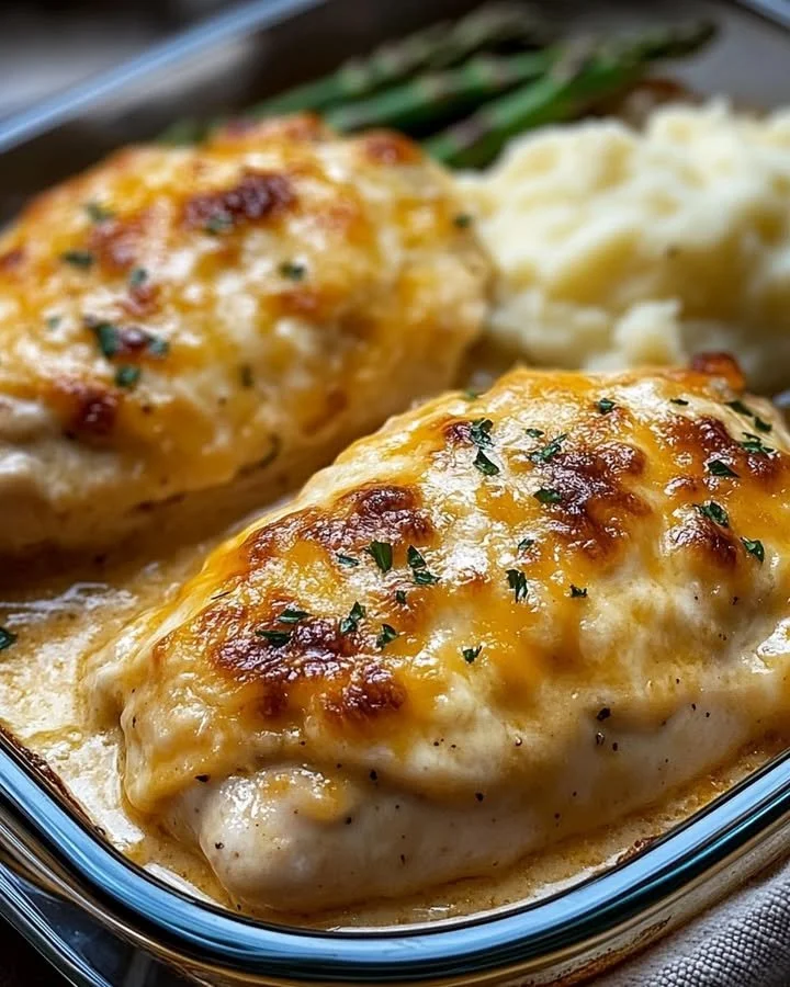 Cheesy Baked Ranch Chicken garnished with herbs on a baking dish.