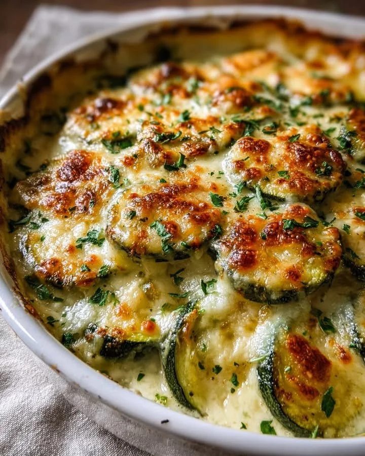 Cheesy baked zucchini gratin with layers of melted cheese and fresh zucchini.