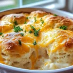 Cheesy chicken biscuit casserole dish topped with golden biscuits