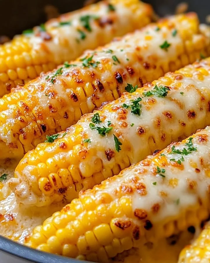 Cheesy garlic butter corn on the cob served with herbs and spices