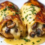 Cheesy garlic mushroom chicken rolls garnished and served on a plate