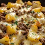Cheesy Ground Beef and Potato Skillet served in a skillet