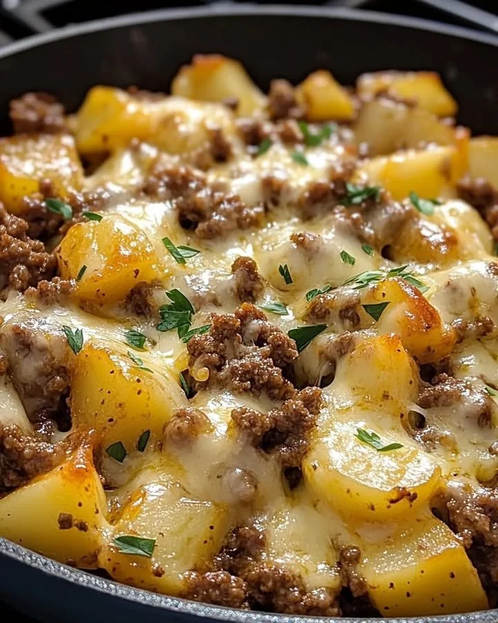 Cheesy Ground Beef and Potato Skillet served in a skillet