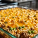 Cheesy Ground Beef Rice Casserole topped with melted cheese