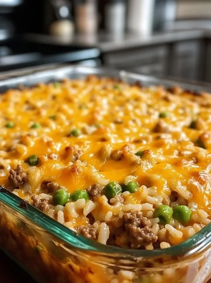 Cheesy Ground Beef Rice Casserole topped with melted cheese