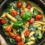 Cheesy Penne pasta with cherry tomatoes, spinach, and broccoli in a creamy sauce