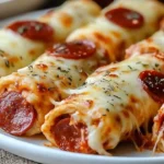 Cheesy pepperoni pizza roll-ups ready to be served.