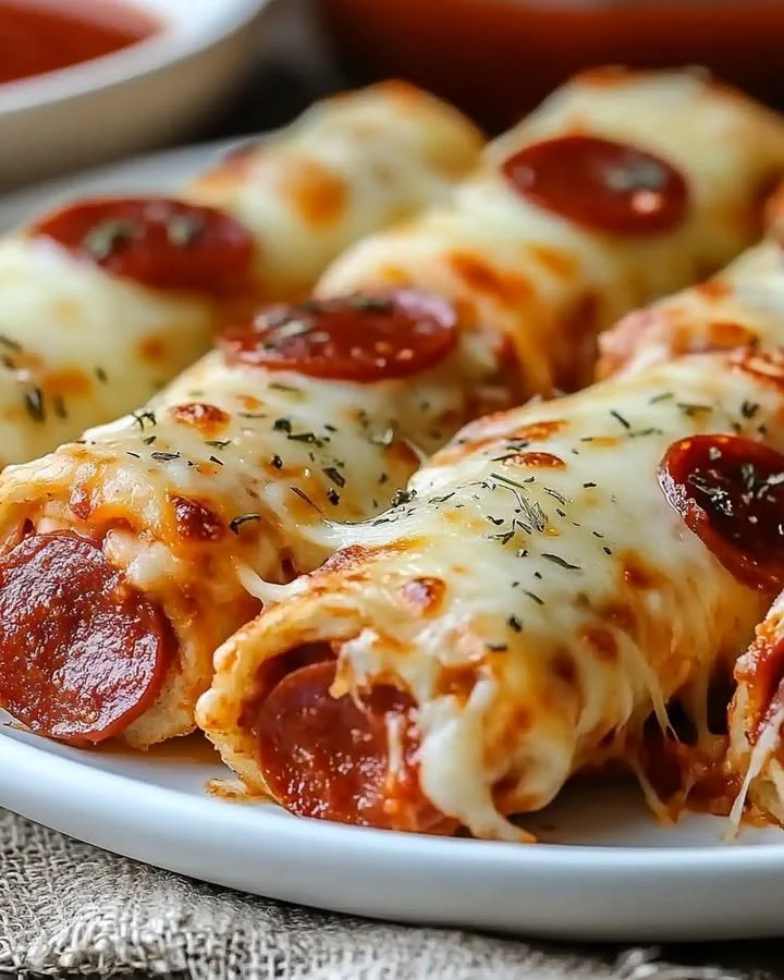Cheesy pepperoni pizza roll-ups ready to be served.