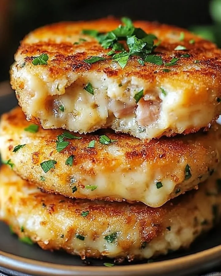 Cheesy tuna melt patties served on a plate with fresh ingredients.