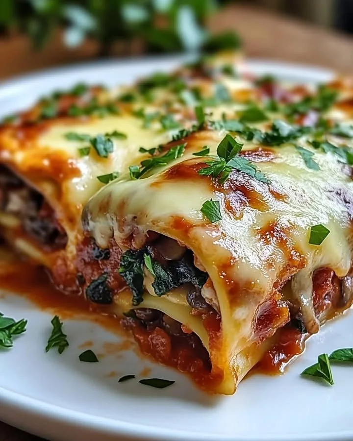 Cheesy vegan mushroom and spinach lasagna rolls on a plate