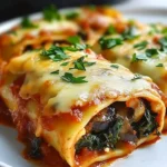 Cheesy vegan mushroom and spinach lasagna rolls on a plate