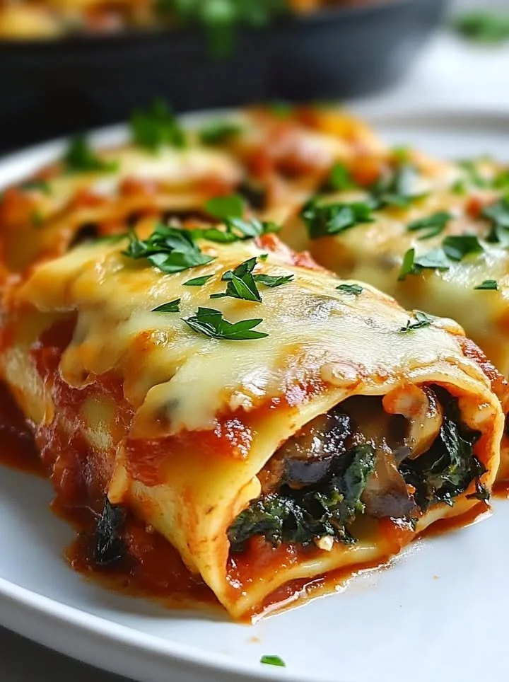 Cheesy vegan mushroom and spinach lasagna rolls on a plate