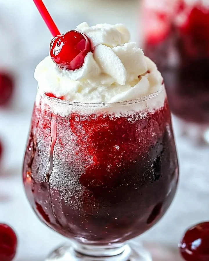 Refreshing Cherry Rum Coke Slushie served in a glass with ice.
