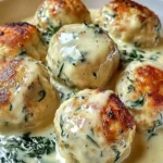Plate of Chicken Ricotta Meatballs served with Spinach Parmesan Sauce