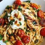 Plate of Chicken Spaghetti topped with Burrata and drizzled in Lemon Butter Garlic Sauce