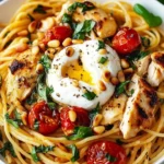 Creamy chicken spaghetti topped with burrata cheese in a delicious dish.