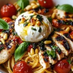 Dish of chicken spaghetti topped with burrata and drizzled with lemon butter garlic sauce