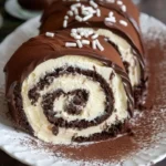 Chocolate cake roll Swiss roll dessert on a plate with chocolate frosting
