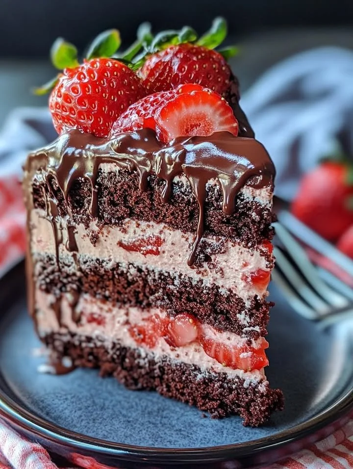 Decadent chocolate covered strawberry cake topped with fresh strawberries
