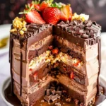 Chocolate covered strawberry ice cream layer cake with fresh strawberries on top