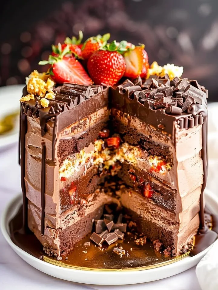 Chocolate covered strawberry ice cream layer cake with fresh strawberries on top