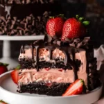 Delicious chocolate covered strawberry ice cream layer cake with fresh strawberries